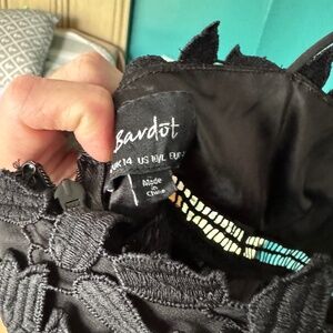 Bardot floral lace neck black dress